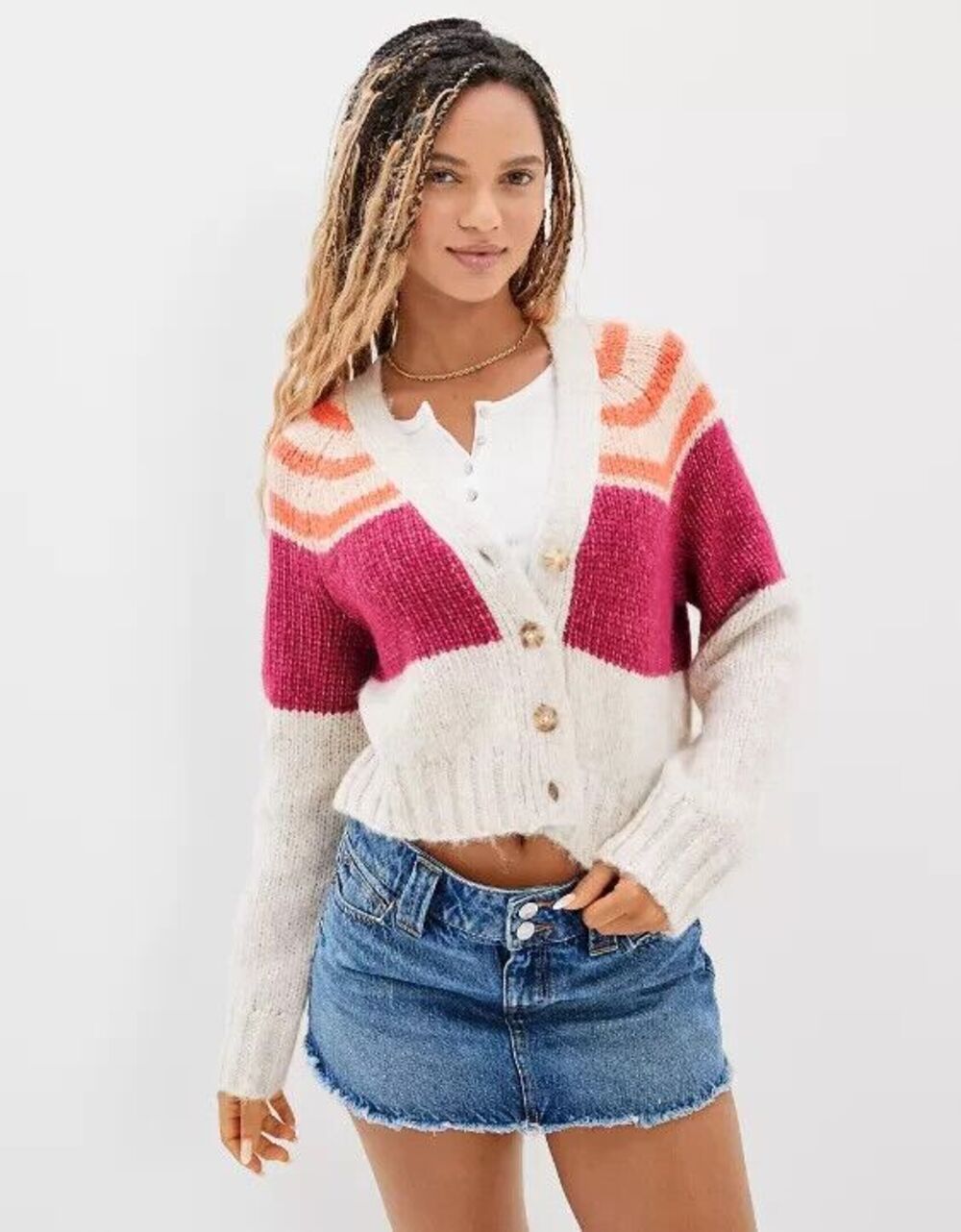 American Eagle XL Sweater Ombre Striped Red Tan Mock Neck Acrylic Pullover NWT